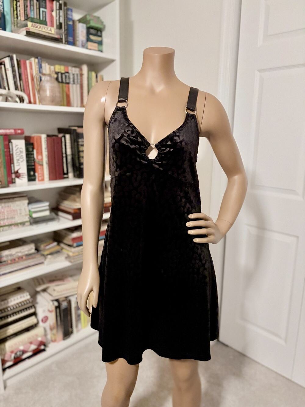Killstar Cool Cat Mini Dress L Black Velvet Leopard O Ring Gothic Punk NWT